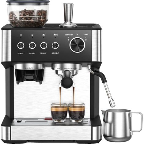 Espressomaschine, integrierte Mühle, 360° Dampfdüse, Schwarz Silber (1/2)