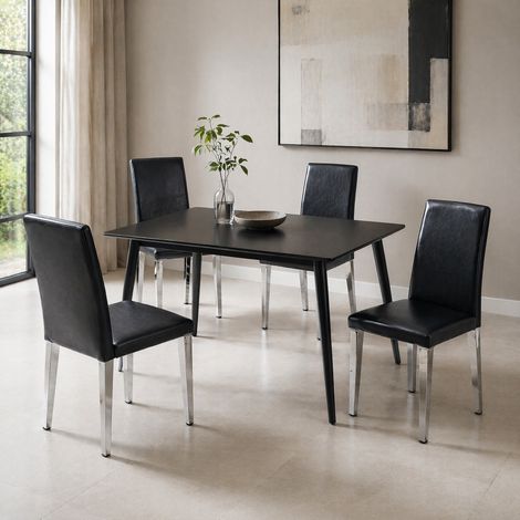 Sillas de comedor 4 unidades, negro, cuero PU y patas metálicas plateadas, 41 x 47 x 90 cm HAVRYA (1/5)