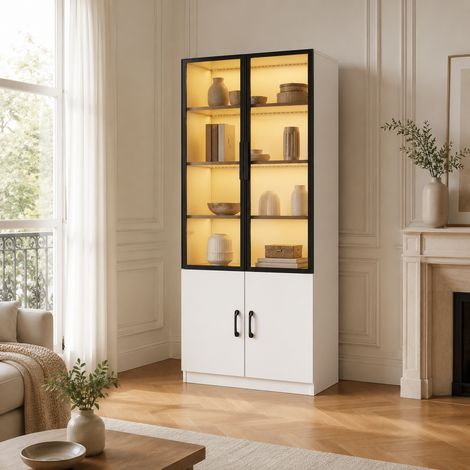 Vitrine LED 60x40x160 cm, buffet bibliothèque avec verre fumé, structure aluminium, 2 portes inférieures, MDF, Blanc (1/5)