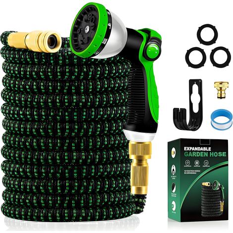 15m Expandable Garden Hose with 10 Jets Spray Gun and Fittings  Flexible Hose for Taps 1/2 Inch and 3/4 Inch Metal Connections, Garden Hose for Garden, Watering, Cleaning (15M/50FT, Green) (1/5)