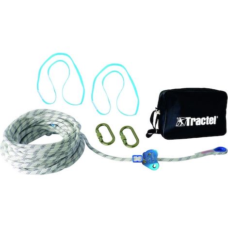Ligne de vie temporaire 3 utilisateurs – Charge maximale 150 kg – Longueur réglable jusqu'à 18 mètres – Installation rapide sur chantiers – Tractel