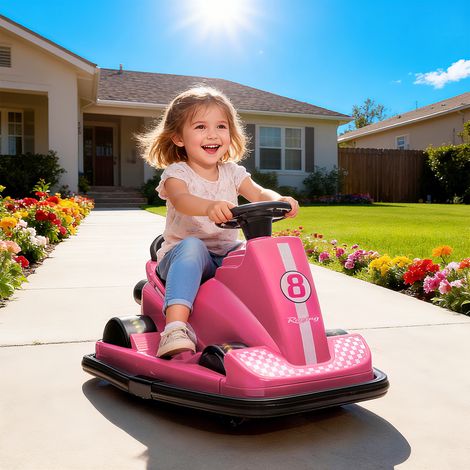 Auto-Tamponneuse Électrique Enfant 3-8 Ans - 6V, Rotation 360°, Musique, Klaxon, Démarrage Doux, Vitesse Max 2.5km/h, Dimensions 74x53x48cm, Rose