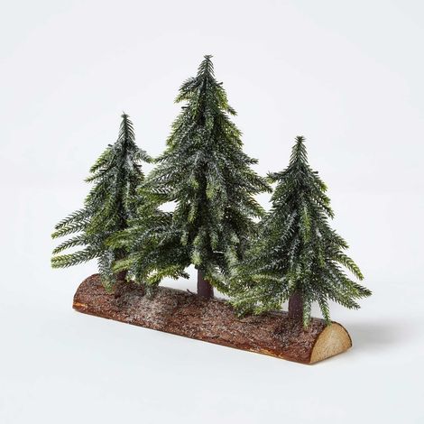 HOMESCAPES Set of 3 Frosted Xmas Trees on Firwood Log Base - 27 x 27 cm (1/5)