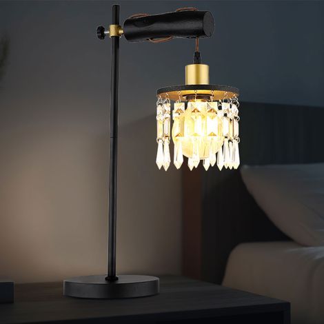 LED Tischlampe schwarz Beistellleuchte Leselampe Schreibtischlampe Schirmleuchte Holz Glaskristalle, 4W 320lm warmweiß, LxBxH 34x18x55 cm
