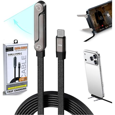 Cable de carga invisible 2 en 1 con soporte ajustable, nailon trenzado, USB-C a USB-C, cable de carga súper rápida de 240 W con soporte lateral para teléfono para juegos, oficina y viajes en coche.