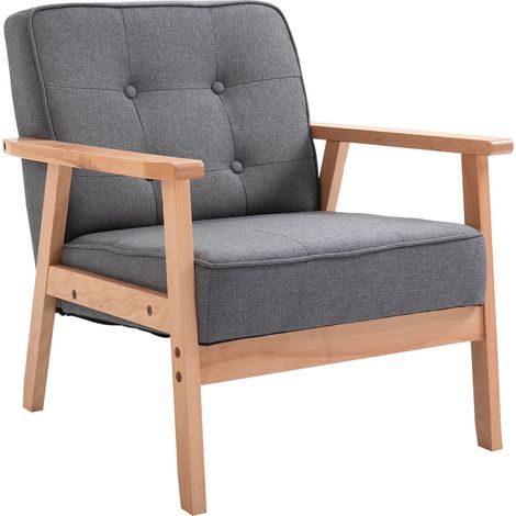 Poltrona Stile Nordico Retrò in Legno con Rivestimento in Lino Grigio Chiaro (1/5)