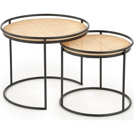 Ensemble de deux tables gigognes rondes en rotin et acier noir Swing (1/4)