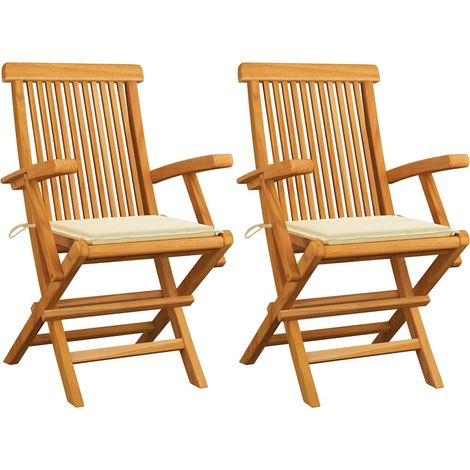 Lot de 2 Chaises de jardin avec coussins crème - Chaise d'extérieur pour terrasse/jardin Bois de teck massif BV233701 - BonneVie (1/5)