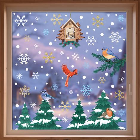 Nouveaux autocollants muraux créatifs Père Noël, flocon de neige et oiseau, décoration murale de Noël, autocollants pour fenêtres à effet statique, autocollants pour vitres - [Ensemble de trois pièces