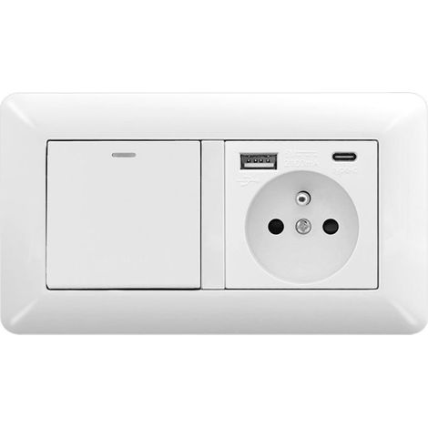 Prise Encastrée 146 Type E avec Interrupteur, USB-A + USB-C 16A 250V, Plaque Verre Blanc pour Rénovation Domestique