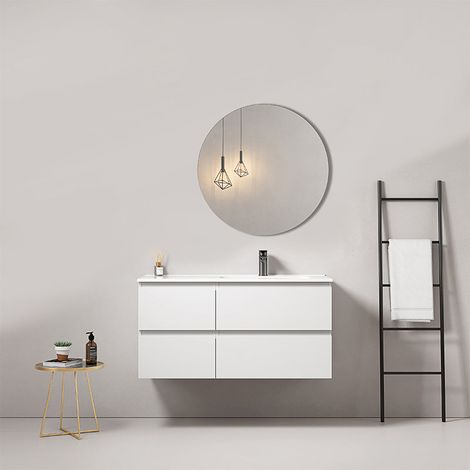 Mobile bagno sospeso 100 cm Bianco Lavabo a Destra in Ceramica Specchio Tondo - Fiji Paint