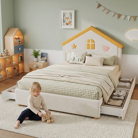 Lit cabane 140x200 en velours avec 4 tiroirs,cadre de lit enfant,beige (1/5)
