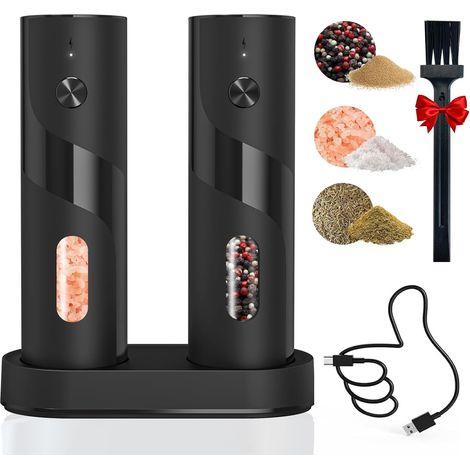 Ensemble de moulins à sel et à poivre électriques amélioré, 5 en 1 avec lumière LED, base de rangement, chargement USB-C (lot de 2) (1/5)