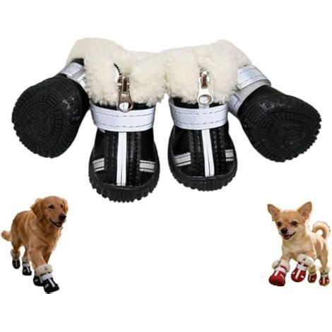 Lot de 4 chaussures épaisses antidérapantes avec doublure de neige - Bottes d'hiver pour petits chiens - Semelle en caoutchouc durable avec sangle réglable - Pour l'extérieur, la marche, la neige et (1/5)