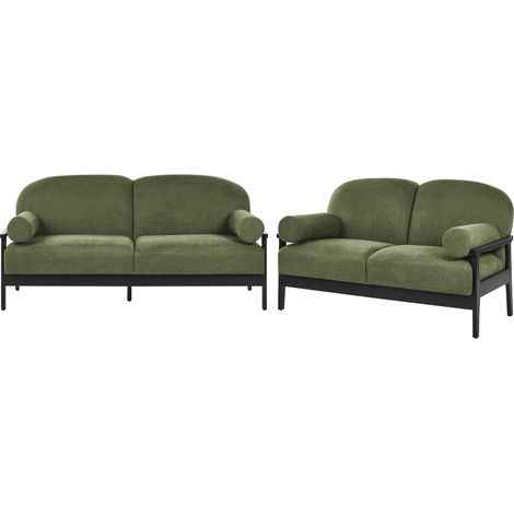 Sofa Set 2 Seater and 3 Seater Sofas Green Water Repellent Fabric Wooden Legs Loveseat Traditional Style Living Room PILARNE (1/5)