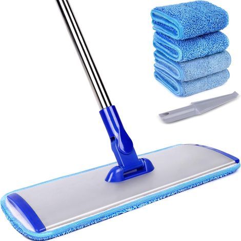 Système de nettoyage de sols professionnel avec balai microfibre de 45,7 cm (18 pouces), balai plat avec manche en acier inoxydable, 4 lingettes lavables et réutilisables (1/5)