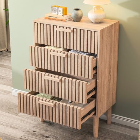 Comò 60x34x91 cm - con 4 cassetti - maniglie in legno - struttura in legno massello - MDF - stile country - per salotti e corridoi - Legno naturale