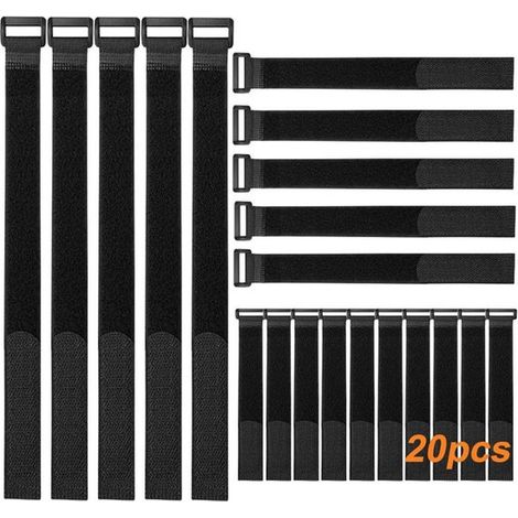 Lot de 20 attaches de câble en nylon noir, réutilisables, réglables, multifonctionnelles, avec sangles Velcro (20 cm/30 cm/40 cm) (1/5)
