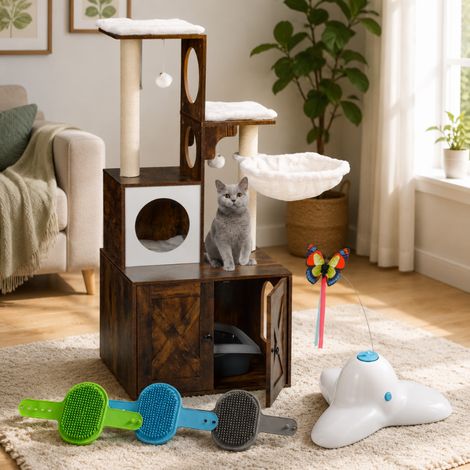 Set completo per la cura del gatto (3 pezzi): lettiera, mobiletto tiragraffi, spazzole per la toelettatura e giocattolo a forma di farfalla. (1/4)