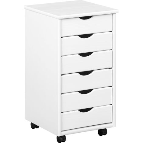 Caisson à roulettes 6 tiroirs pin massif blanc 35 x 39 x 66 cm (1/5)