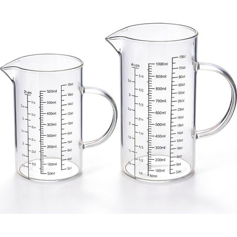 Ensemble de 2 verres doseurs (500 ml + 1 l), transparents, avec bec verseur et poignée, 3 graduations (ml/oz/tasse), parfaits pour la pâtisserie et la cuisine, graduation précise, compatibles micro-on (1/5)