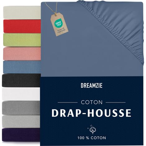 Drap Housse 70x190/200 100% Jersey Coton Bleu Linge de Lit (1/5)