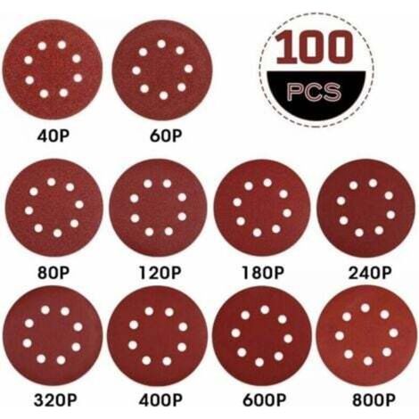 100 Schleifscheiben, 125 mm Schleifpapier, Körnung 40/60/80/120/180/240/320/400/600/800, ideal zum Schleifen, Polieren und Entrosten.