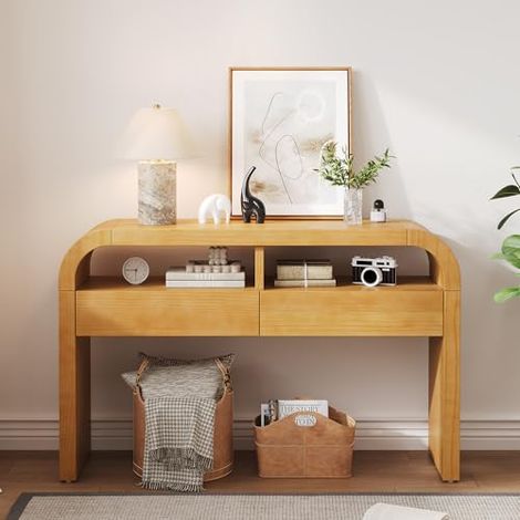 Console d'Entrée avec 2 Tiroirs et Étagères Ouvertes, Table Console de Rangement avec Pieds Réglables pour Entrée, Couloir, Salon ou Bureau,Natural (1/5)