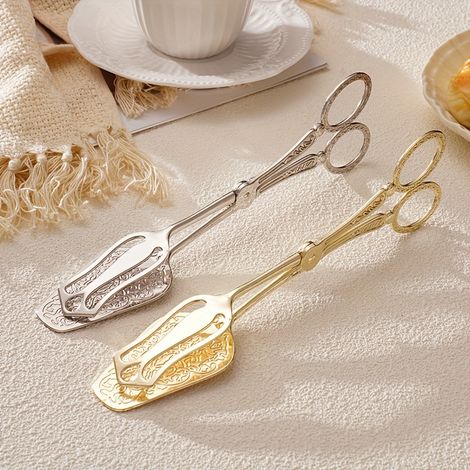 1 pièce de pince à buffet alimentaire, pince à servir salade et nourriture de style vintage moyen-oriental avec sculpture exquise pour pain, gâteau, steak, argentée (1/4)