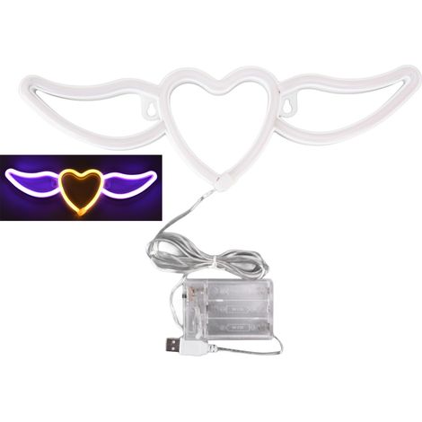 veilleuse-Lumière néon cœur avec ailes – Signe décoratif LED pour mariage et Saint-Valentin (modèle ABS+PVC, lumière violette/blanche, 35cm) (1/5)
