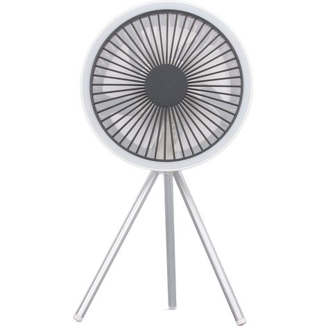 Ventilateur de bureau trépied avec lumière, rechargeable par USB, 3 vitesses réglables, portable, à suspendre sous tente, pour l'intérieur, l'extérieur et le camping (blanc). (1/5)