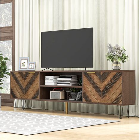 Meuble TV 155x38x48 cm couleur bois en panneau de particules avec portes en placage bois massif et pieds en fer (1/5)