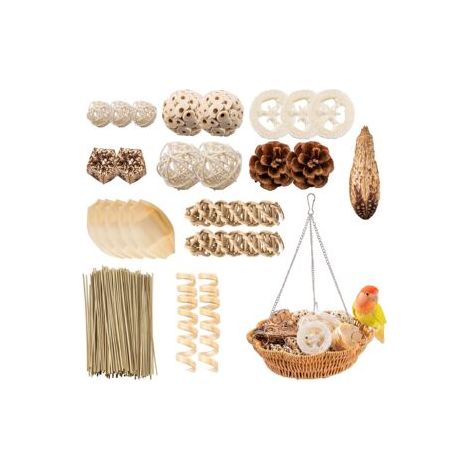 Lot de 26 Pièces Panier Jouet Perroquet, Accessoire à Mâcher Fruit Distrayant, Affûtage du Bec, Balle Rotin Fruit Carambole et Pomme de Pin (1/5)