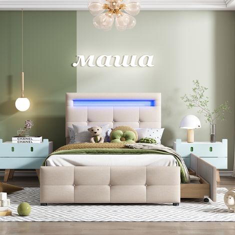 Lit rembourré 90200 cm avec lumières LED, 2 tiroirs, rembourrage en lin respectueux de la peau, lit simple plat, lit pour enfant, lit pour adolescent, lit d'amis (beige)