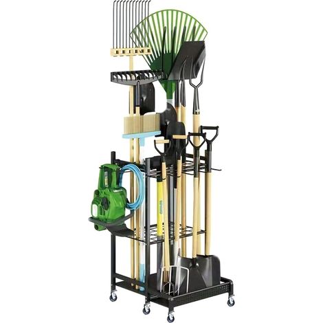 Chariot de rangement sur roulettes pour outils de jardin - râtelier vertical en métal avec séparateurs (charge 30kg) - organisateur garage et abri (1/5)