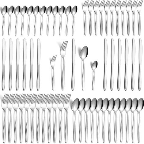 Lot de 60 couverts en acier inoxydable pour 12 personnes - Poli brillant - Avec couteau, fourchette, cuillère, passe au lave-vaisselle (1/5)