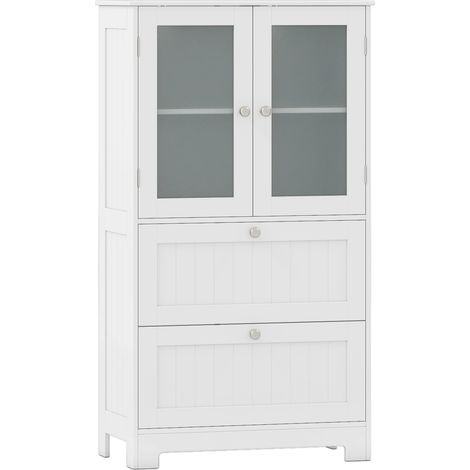 Bathroom Floor Storage Cabinet Freestanding Cupboard Pantry with 2 Drawers and 2 Frosted Glass Doors-White (1/5)