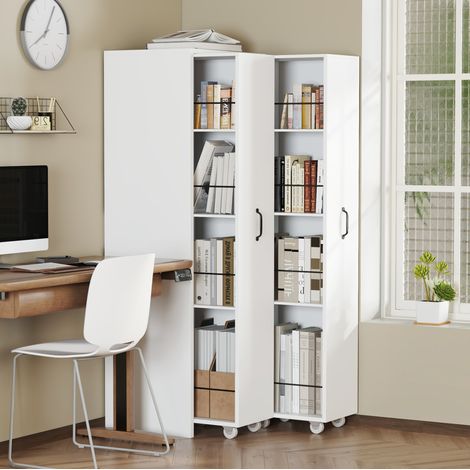 Libreria allungabile su rotelle, 51,5x41x158 cm, 4 ripiani, MDF bianco (1/5)