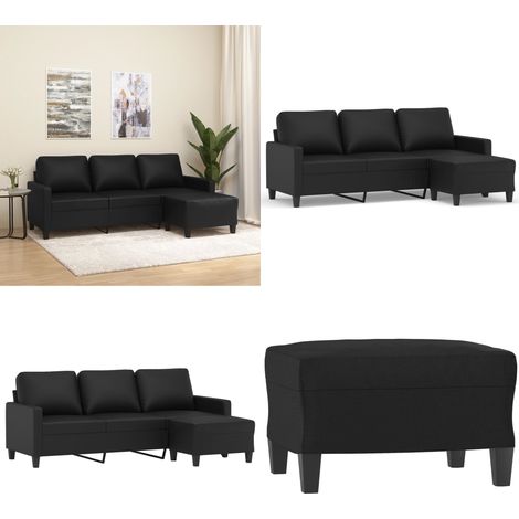 Canapé à 3 places avec repose-pieds Noir 180 cm Similicuir - Canapé Trois Places - Canapé Avec Repose-pieds - Canapé Noir - Canapé Similicuir - Meuble Salon - Home & Living