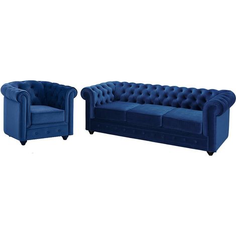 Divano 3 posti e poltrona CHESTERFIELD in velluto Blu notte