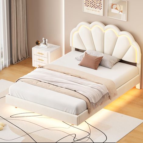 Cama infantil de 140 x 200 cm, tapizada con luces LED y somier flotante tapizado, cabecero, cama juvenil con forma de nube, tejido de terciopelo (beige). (1/5)
