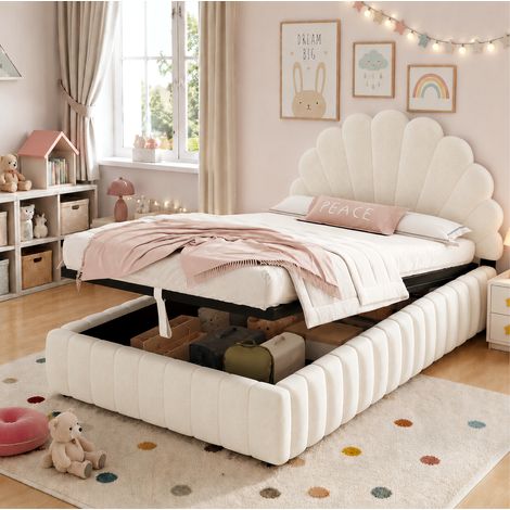 Lit enfant hydraulique 90x200 cm avec rangement, tête de lit fleurie, sommier à lattes, velours beige (1/5)