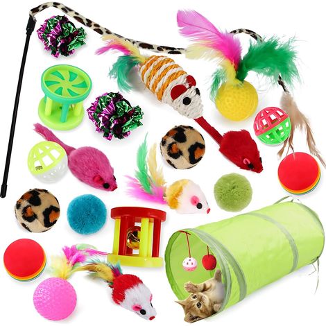 Lot de 21 jouets pour chat - Tunnel interactif pour chat - Jouet en plumes - Balles pour chat (1/5)
