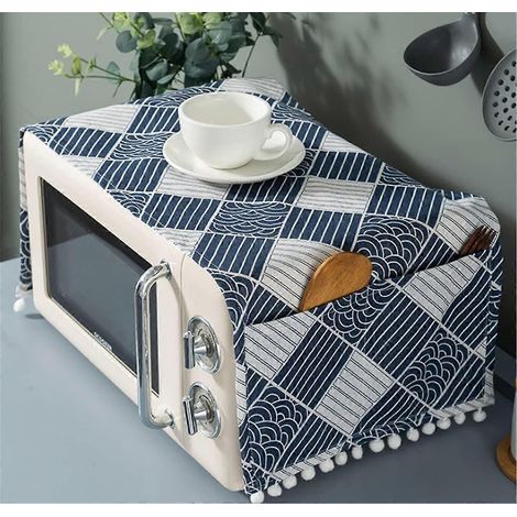 Housse de four à micro-ondes en tissu anti-poussière et anti-huile avec poches de rangement, en coton et lin, pour grille-pain et autres appareils de cuisine (balance à cubes). (1/5)