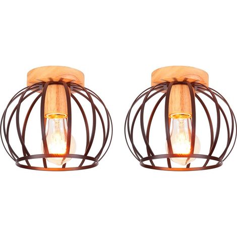 Lot de 2 Plafonnier Vintage Rétro en Bois Lampe de Plafond E27 Luminaire pour Couloir Escalier Salon Noir (1/5)