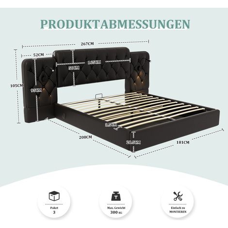 Lit double 180x200 cm noir avec tête de lit en velours, ports USB, lampe de chevet, mécanisme hydraulique, grand espace de rangement sous le lit