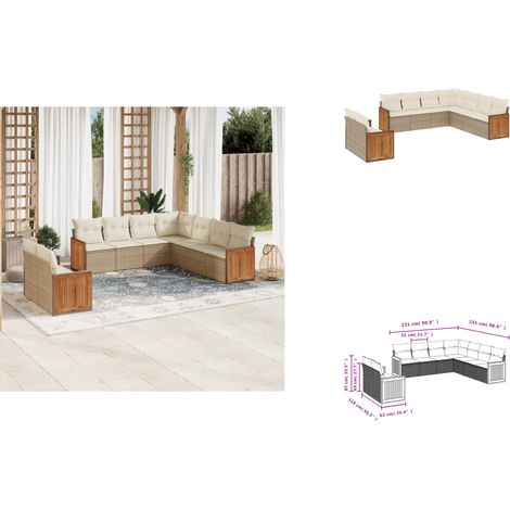 9-tlg. Garten-Sofagarnitur mit Kissen Beige Poly Rattan - Gartensofas - Gartenmöbelset - PE-Rattan Möbel - Outdoor Lounge Set - Balkonmöbel