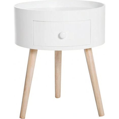Table de chevet ronde avec tiroir en bois MDF et massif 38x38x45 cm (1/5)