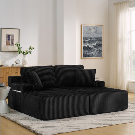 Canapé convertible 2 places noir en mousse et tissu corduroy avec poche latérale, porte-gobelet et coussins (1/5)