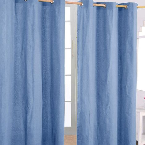 HOMESCAPES Cotton Plain Airforce Blue Ready Made Eyelet Curtain Pair, 117 x 137cm